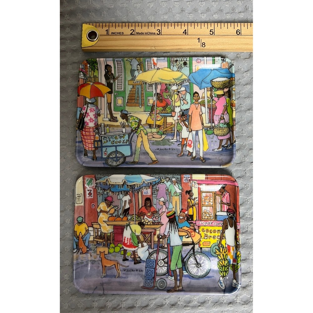 Vtg Jill Walker Trinket Trays Set- 2- Barbados Caribbean Art Market & Snow Cool